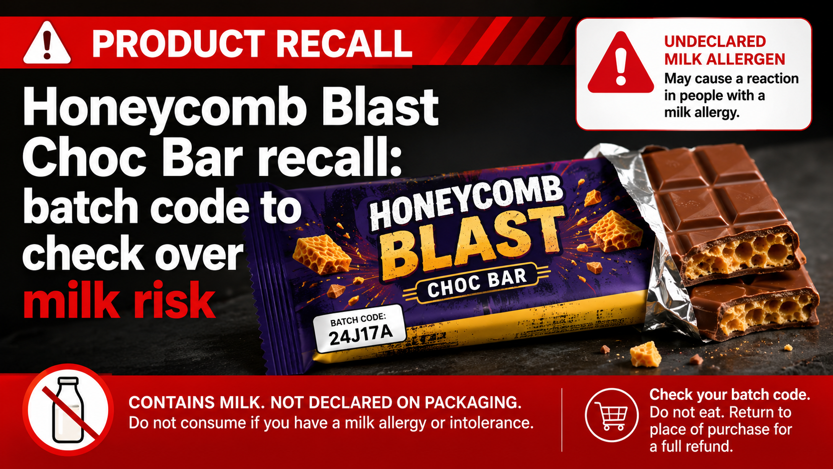 Honeycomb Blast Choc Bar recall: batch code to check over milk risk