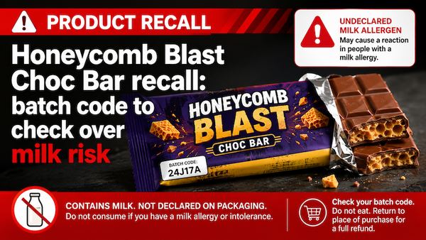 Honeycomb Blast Choc Bar recall: batch code to check over milk risk