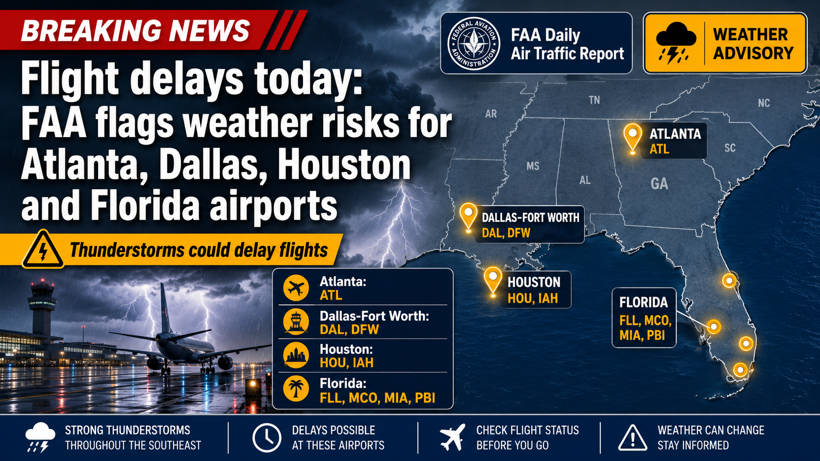 Flight delays today: FAA flags weather risks for Atlanta, Dallas, Houston and Florida airports