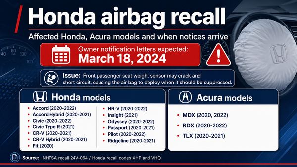Honda airbag recall: Affected Honda, Acura models and when notices arrive
