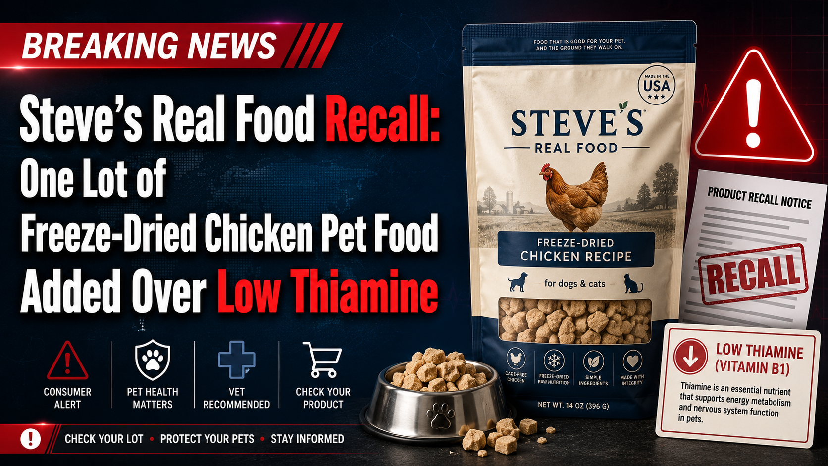 Steve’s Real Food Recall: One Lot of Freeze-Dried Chicken Pet Food Added Over Low Thiamine