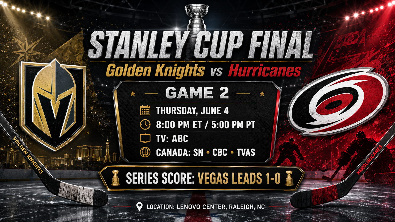 Stanley Cup Final schedule: Golden Knights-Hurricanes Game 2 time, TV channel and series score