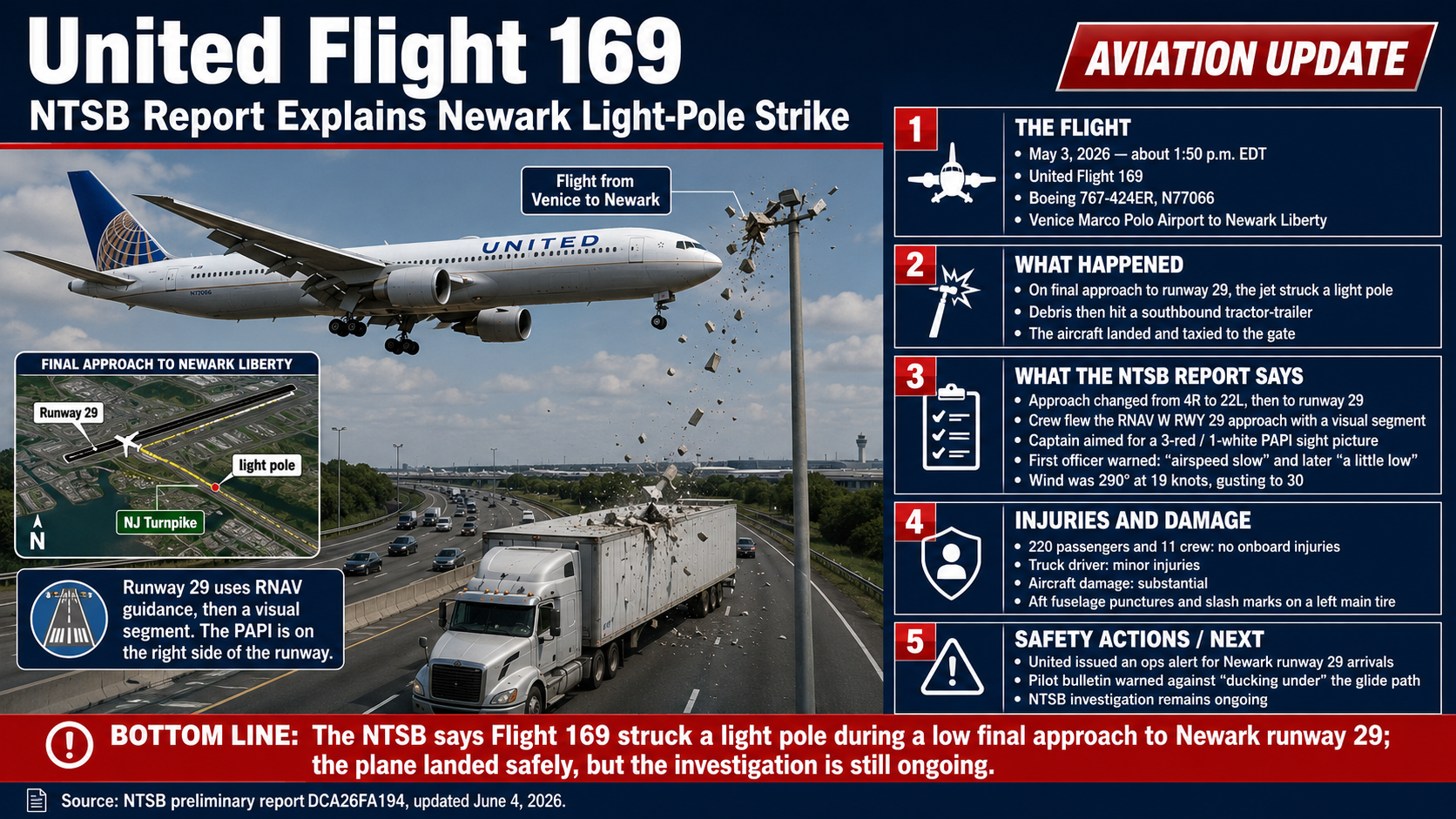 United Flight 169 NTSB Report Explains Newark Light-Pole Strike
