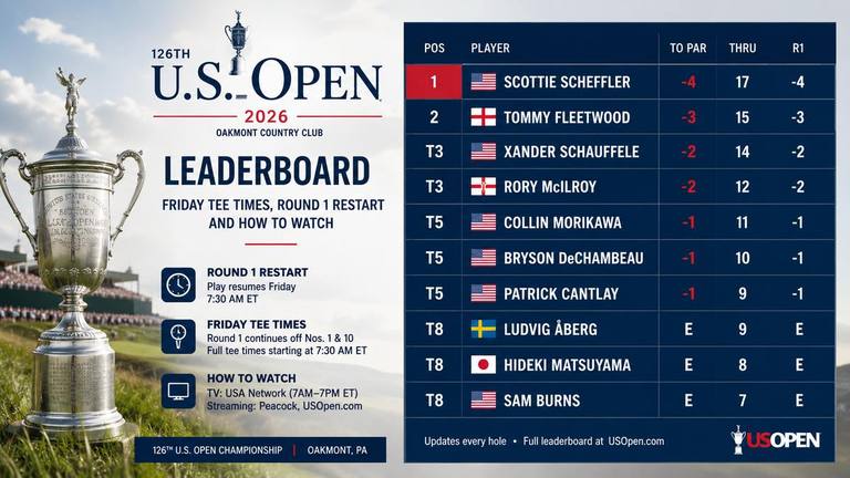U.S. Open leaderboard 2026: Friday tee times, Round 1 restart and how to watch