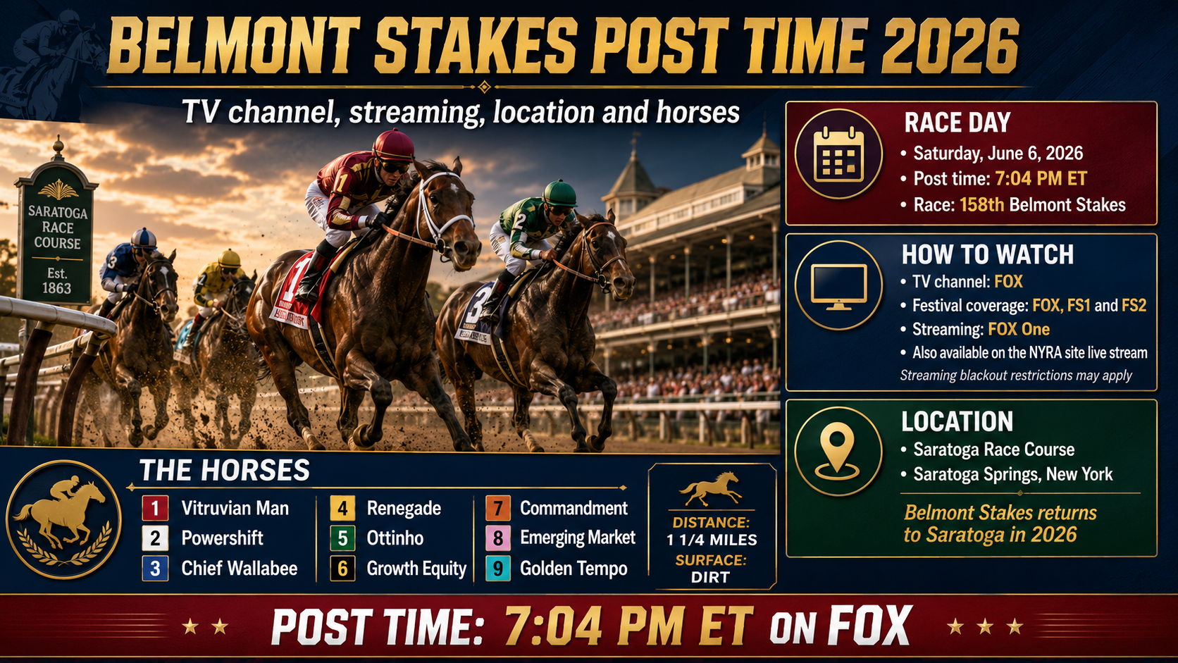 Belmont Stakes Post Time 2026: TV Channel, Streaming, Location and Horses