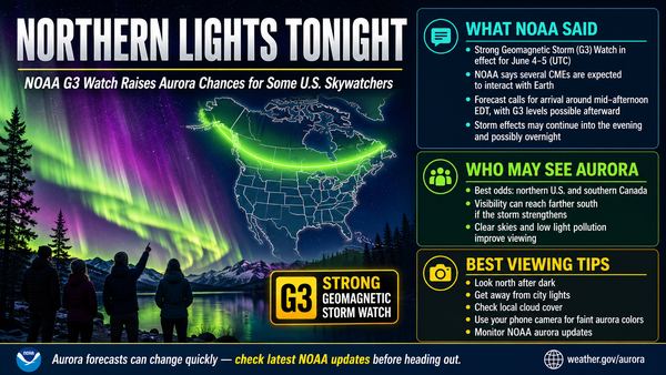 Northern Lights Tonight: NOAA G3 Watch Raises Aurora Chances for Some U.S. Skywatchers