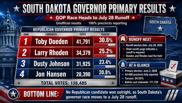 South Dakota Governor Primary Results: GOP Race Heads to July 28 Runoff
