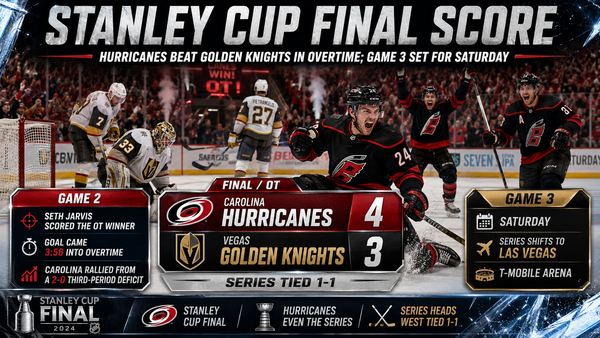 Stanley Cup Final score: Hurricanes beat Golden Knights in overtime; Game 3 set for Saturday